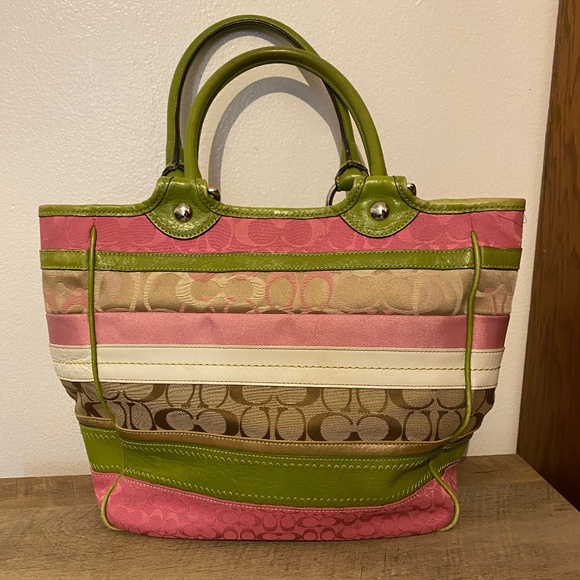 Coach Bleecker Signature Stripe Tote F14726 Khaki Pink Green Patchwork Bag - Picture 1 of 1